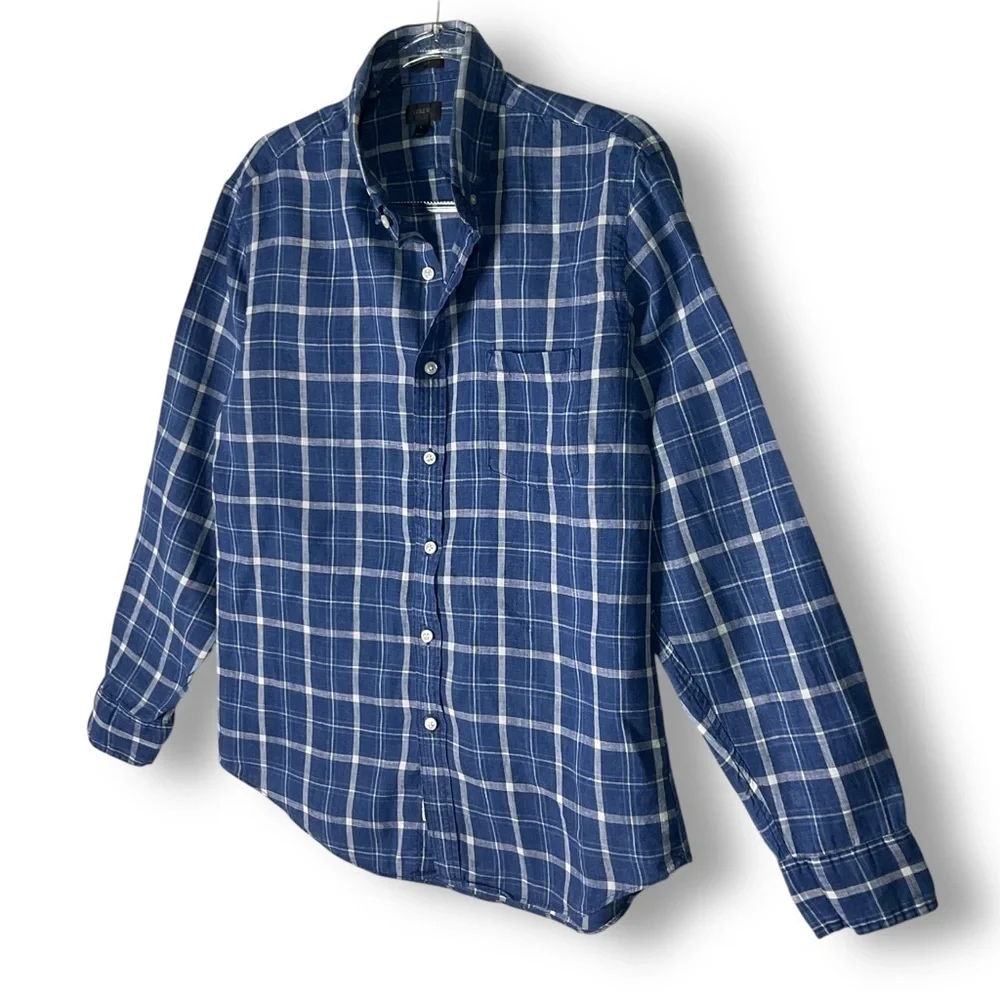 J Crew Mens Shirt Sz L Linen Button Up Plaid Blue Coastal Western Lightweight